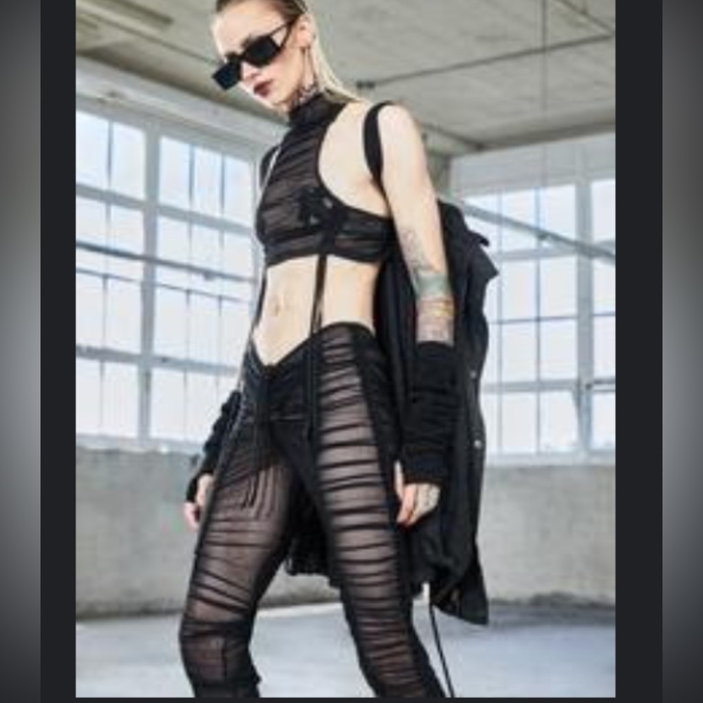 Darker Waves Black Ruched Sheer Leggings with Stretchy Fabric